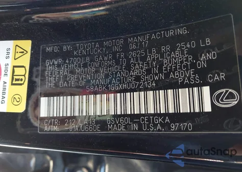 2017 Lexus Es 350 z USA, uszkodzony, nr VIN 58ABK1GGXHU072134